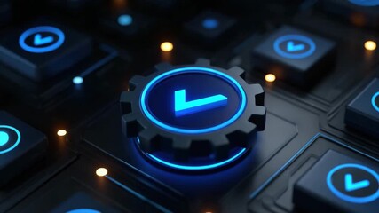 Digital button blue light technology interface futuristic glowing icon control panel electronic device modern gadget illuminated symbol tech background clock gear time management innovation - Powered by Adobe