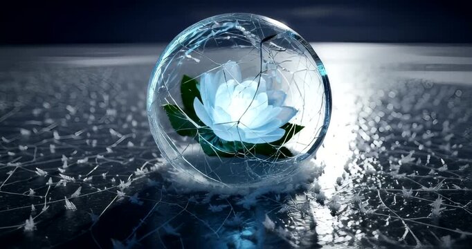 A serene blue lotus encased in a crystal sphere on a frozen lake at dusk
