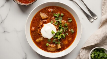 Traditional Ukrainian borscht served in bowls with fresh onion and salo. Authentic Eastern European cuisine, homemade comfort food, national heritage meal.
