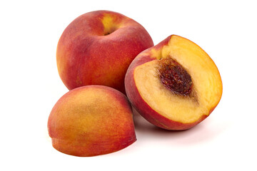 Peaches Whole and Halved, isolated on white background