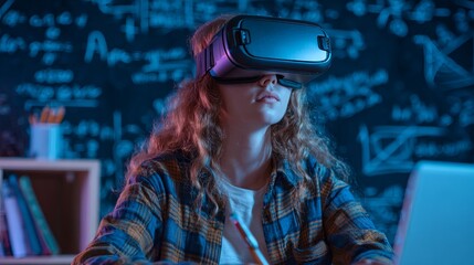 A girl is immersed in a virtual reality experience, wearing a VR headset in front of a background with math symbols. 