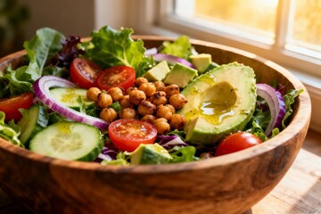 Healthy salad bowl with avocado and chickpeas near window, nutritious meal 