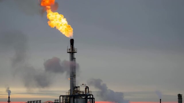 Bright orange flames rise from a gas flare at an industrial facility during dusk. The setting creates a dramatic contrast against the cloudy sky, showcasing energy production