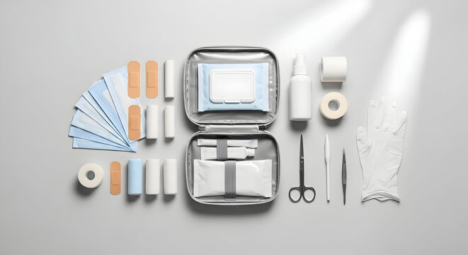 A fully equipped red first aid kit displayed open on a dark surface with various medical supplies like bandages and pills.
