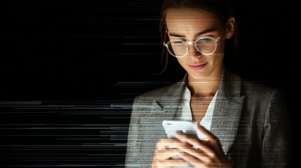 A young professional woman in eyeglasses, engaged in deep concentration while interacting with her smartphone. This image portrays an individual immersed in technology.
