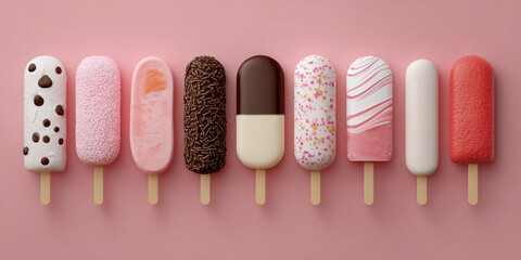 Obraz premium Colorful ice cream popsicles assortment on pink background, sweet summer frozen dessert collection - AI generated