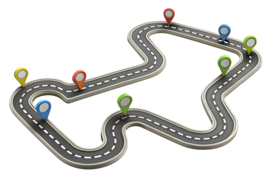 Curving asphalt race track with colorful markers and directional signs isolated on transparent background
