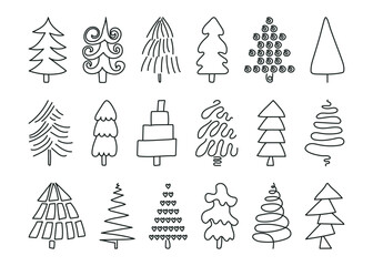 Christmas trees black outline doodle set. Monochrome contour sticker. Hand drawn decoration with editable stroke isolated on white background. Vector line sketchy drawings for poster banner card