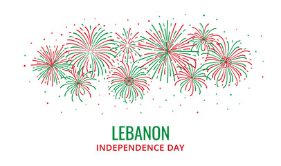Lebanon independence day banner template with national flag color and fireworks. Green red explosion. Vector illustration in flat style