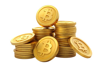 Golden bitcoin cryptocurrency coins stacked and scattered in a pile isolated on transparent background