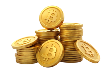 Golden bitcoin cryptocurrency coins stacked and scattered in a pile isolated on transparent background