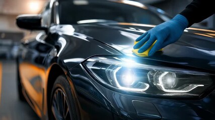 Closeup of a hand applying premium wax on a sleek car hood enhancing shine with a blurred background emphasizing the services precision and care.