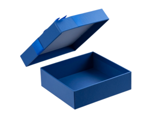 Open Blue Gift Box with Ribbon and Floating Lid, Transparent Background