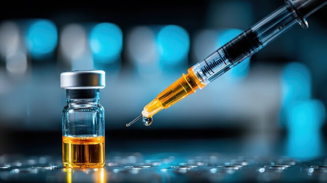 Vaccine syringe with fluid droplet against blue background - Powered by Adobe