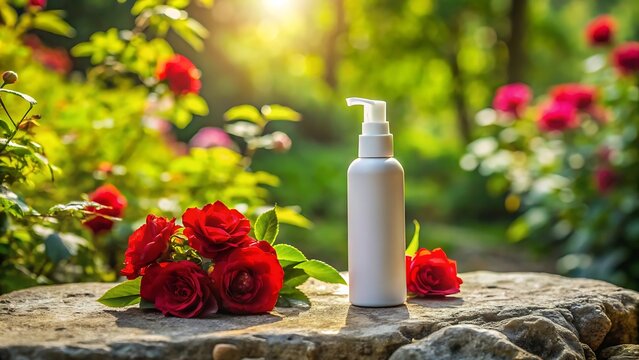 Natural cosmetic product bottle with fresh red roses and greenery in a sunny garden setting