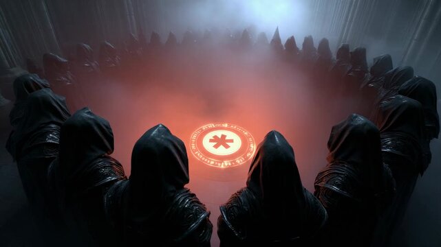 Group of individuals perform mysterious rituals around glowing circle in dark atmosphere