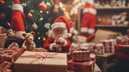 Santa Claus figurine with presents in festive workshop