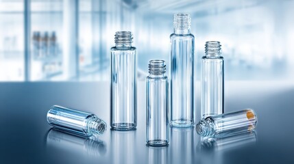 Naklejka premium Various sizes of empty glass bottles on reflective surface