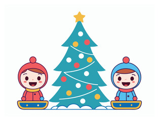 Naklejka premium Two happy children near decorated Christmas tree enjoying winter holiday