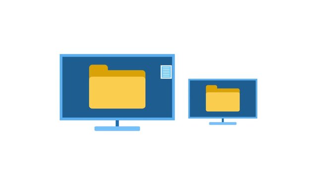 File Transfer Icon Animation on Monitor Screen &ndash; Modern 4K Stock Video Motion Graphic Symbolizing Data Sharing, Upload, Download and Cloud Storage.