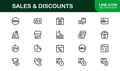 Sales And Discounts Professional Line Icon Set – Modern, Editable, Minimal, Vector-Based Collection for High-Impact Digital Marketplace Listings