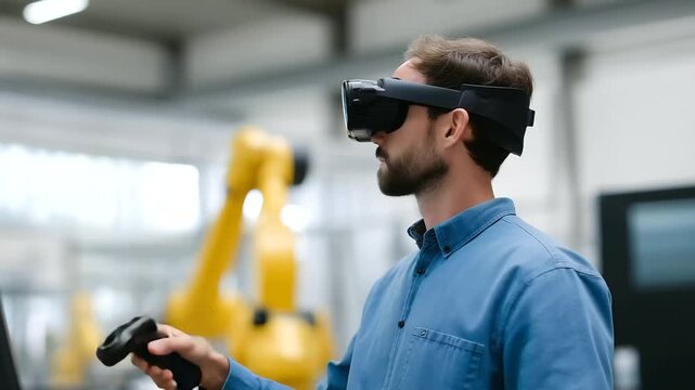 Man with VR glasses using controllers to manipulate holographic robotic interface, futuristic digital workspace VR glasses, robotic interface, holographic control, immersive worksp