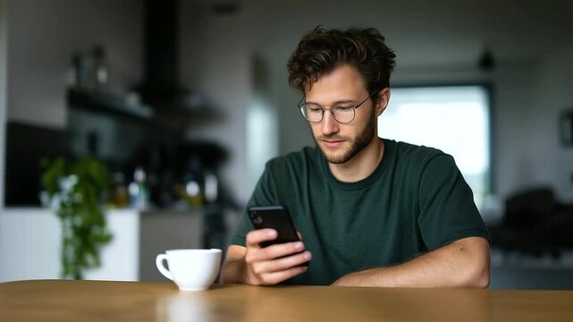 Man in glasses coding software at home desk, smartphone and coffee cup on table, lifestyle of IT freelancer coding freelancer