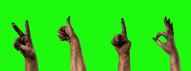 4-in-1 collage of a creepy zombie hand making victory, like, and OK gestures and pointing upward