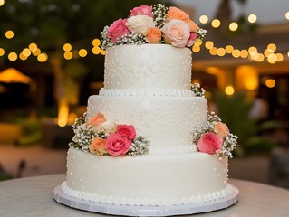 Elegant three tier wedding cake decorated with flowers and soft bokeh background.