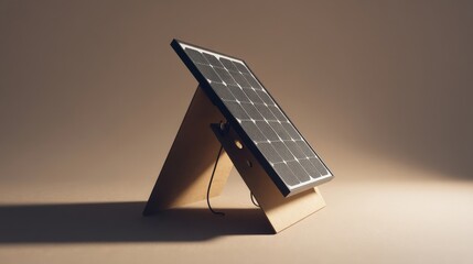 Portable solar panel angled for sunlight exposure on sturdy cardboard base with switch and cable ideal for outdoor use r