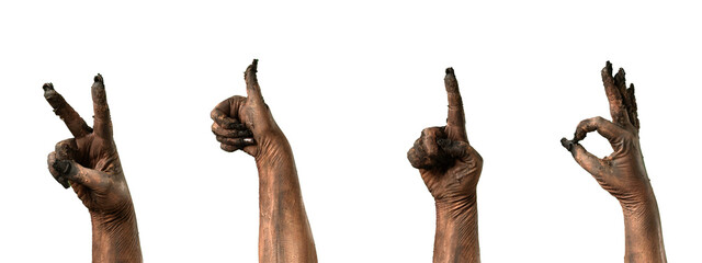 4-in-1 collage of a creepy zombie hand making victory, like, and OK gestures and pointing upward