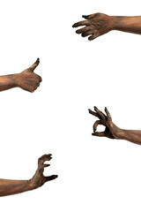 4-in-1 collage a scary zombie hand scaring, gives a thumbs up and OK sign