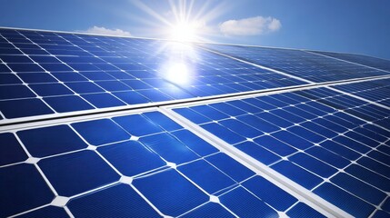 An array of solar panels installed outdoors under clear skies with the sun shining down on them,