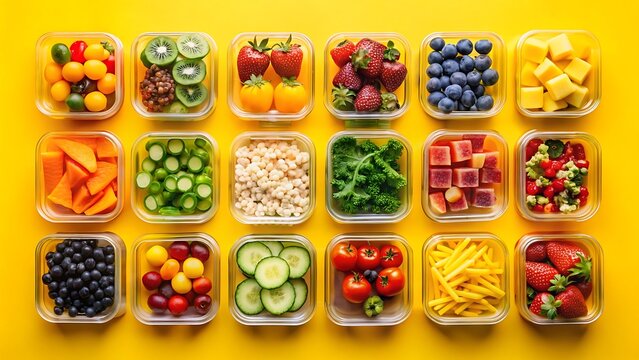 Overhead view of colorful fresh fruits and vegetables neatly organized in clear plastic containers on a bright yellow background - Powered by Adobe