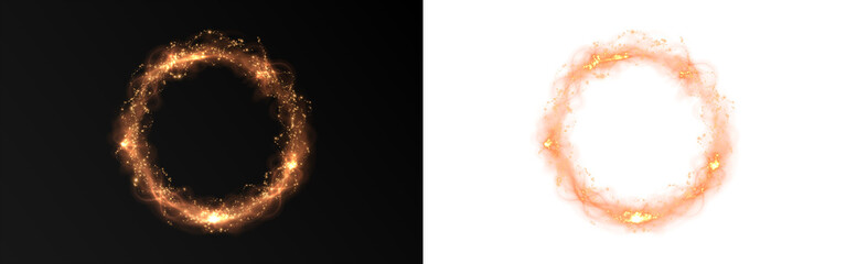 Imagine a vivid circle of bright fire set against a deep black background, contrasting with another equally striking circle of fire presented on a pure white background © Виктория Проскурина