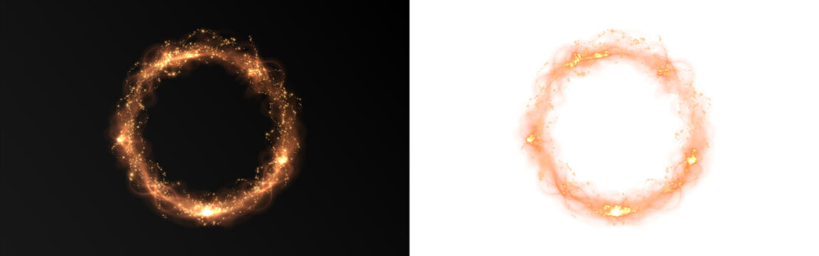 Imagine a vivid circle of bright fire set against a deep black background, contrasting with another equally striking circle of fire presented on a pure white background
