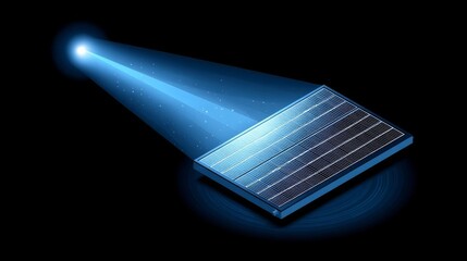 Abstract solar panel with glowing blue light emitting energy against a dark background,