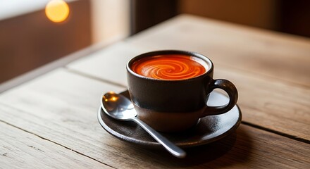 Obraz premium Coffee cup on a wooden table with a spoon and saucer.