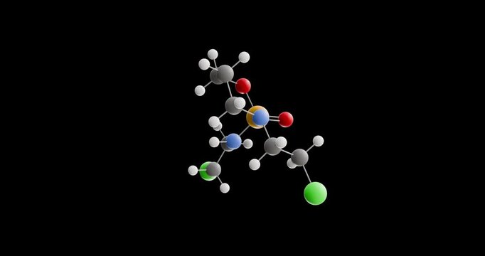 Ifosfamide molecule, rotating 3D model of antineoplastic agents, looped video on a black background
