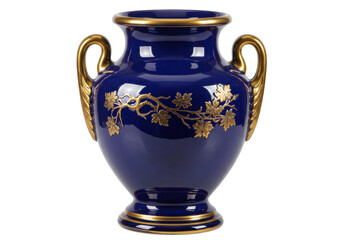 Isolated ornate blue vase with golden accents and handles, classic ornamental pottery