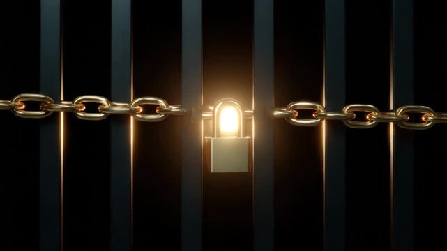 Golden chain glowing padlock securing dark metal bars lock symbolizing security protection with bright light shining through lock creating dramatic powerful glowing effect