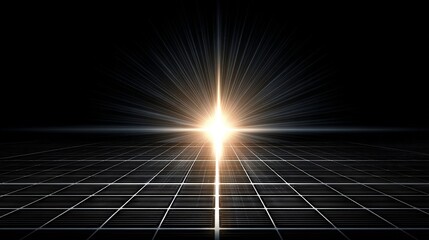 A radiant white starburst with concentric light circles shines above solar panels against darkness,