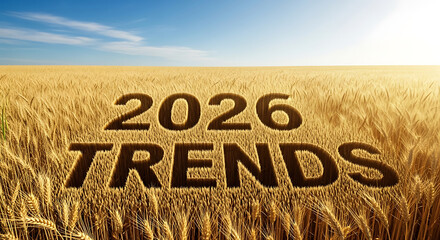 Golden wheat field with the words 2026 trends carved into the crops under a sunny sky