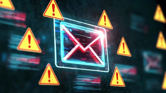 Digital email warning alert notification with glowing neon technology and cybersecurity message, futuristic envelope icon surrounded by multiple warning signs symbolizing email alert and security