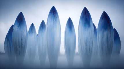 Abstract sculpture installation featuring sleek conical structures with textured vertical lines in cool blue tones,