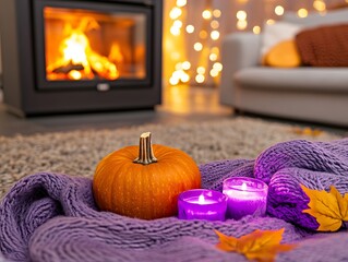 Warm autumn home decor with pumpkin candles and fireplace background