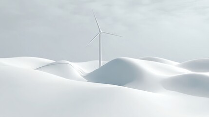 A solitary wind turbine rises against a peaceful snowy landscape with softly rolling hills,