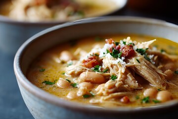 Savor a warm, comforting bowl of chicken and white bean soup, garnished with herbs and spices for a delightful meal.