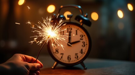 Tight festive frame of a clock nearing midnight with lively golden sparkler trails in front, soft celebratory bokeh behind