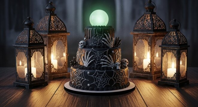 Spooky halloween cake with lanterns on a wooden table under a glowing moon sphere